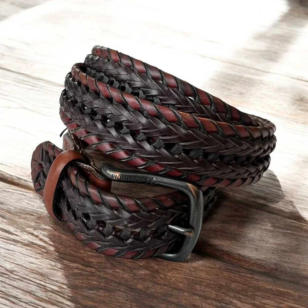 Columbia Mens Braided Leather Belt Mahogany Brown Black‎ Woven Casual Outdoor